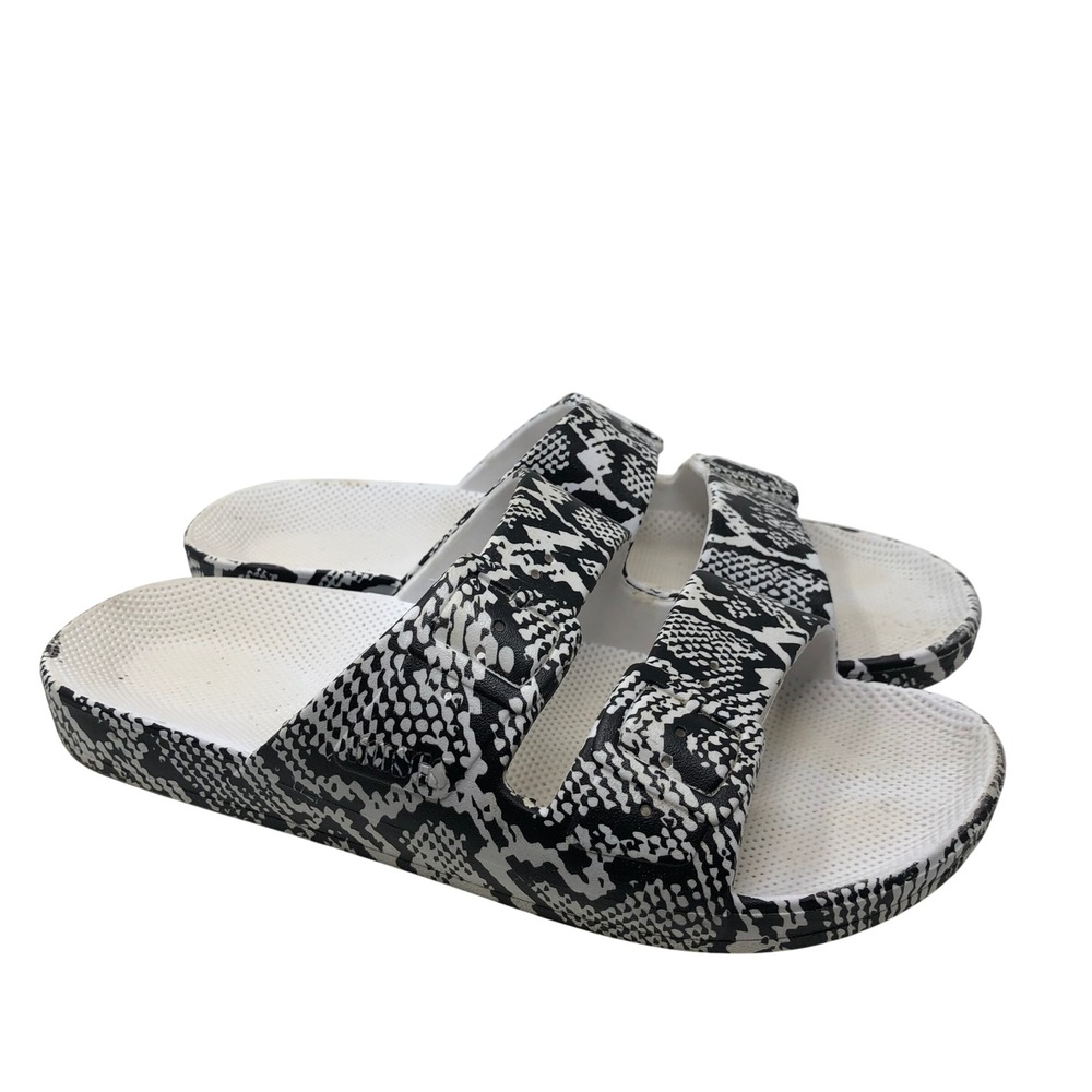 Freedom Moses Slides Womens US 7 8 Black White Snakeskin Print Sandals